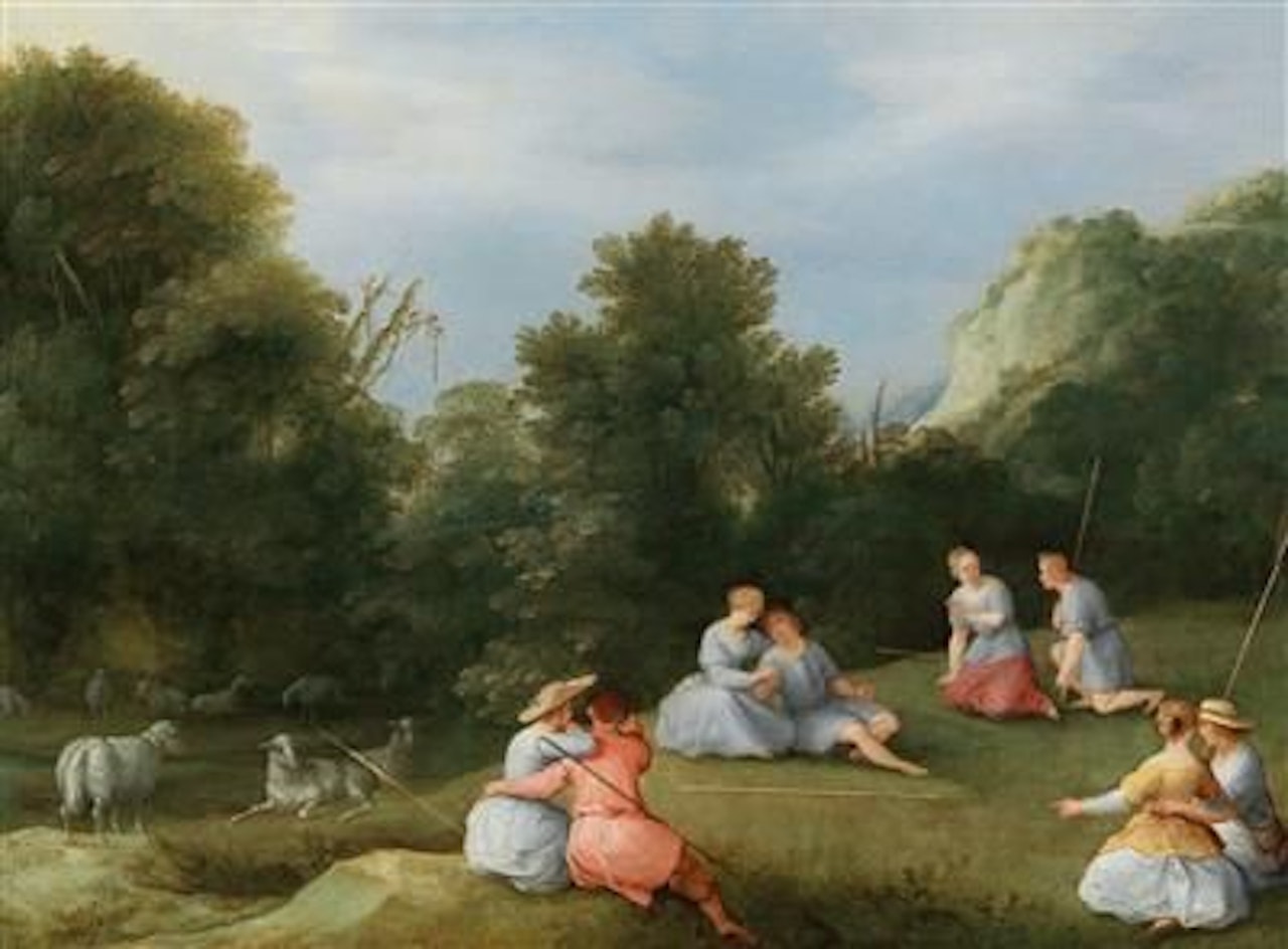 An Arcadian landscape with shepherds and their flock by Adriaen van Stalbemt