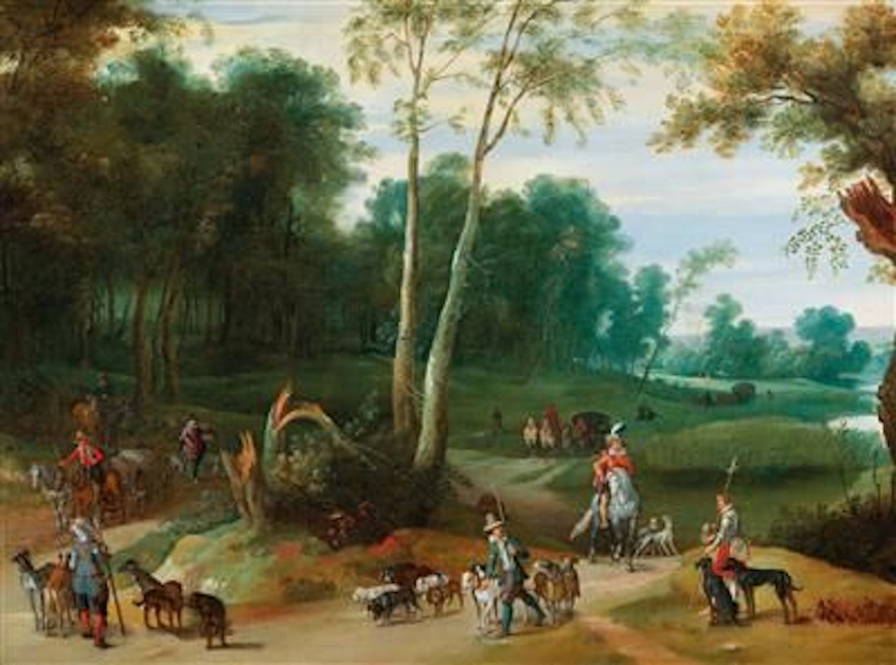 A wooded landscape with huntsmen and their pack of hounds on a path by Adriaen van Stalbemt