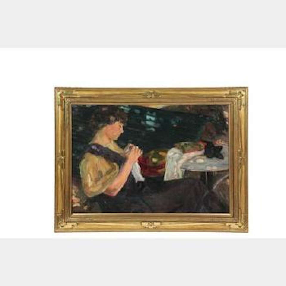 Woman sewing at outdoor café table ,
Circa
1900
-
1910 by French School
