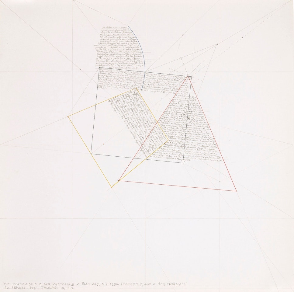 LOCATION OF A BLACK RECTANGLE, A BLUE ARC, A YELLOW TRAPEZOID, AND A RED TRIANGLE  by Sol LeWitt