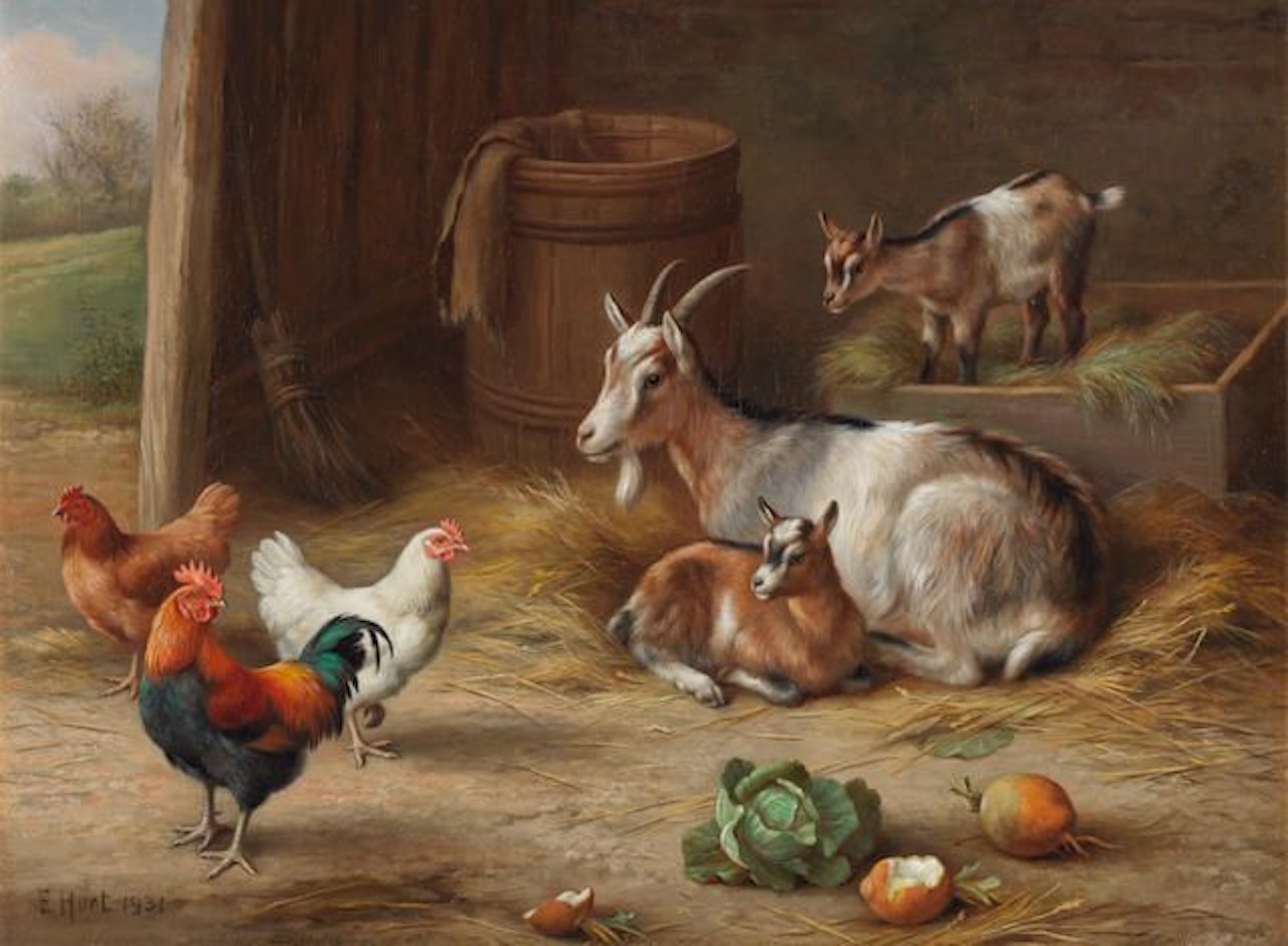 A goat and her kids with a cockerel and hens by Edgar Hunt