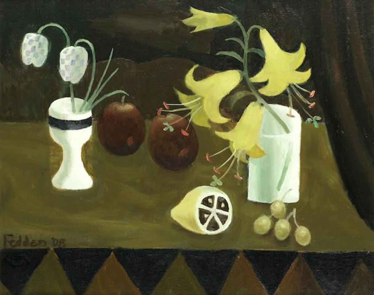 Still life with yellow lilies, fruit and fritillaries by Mary Fedden