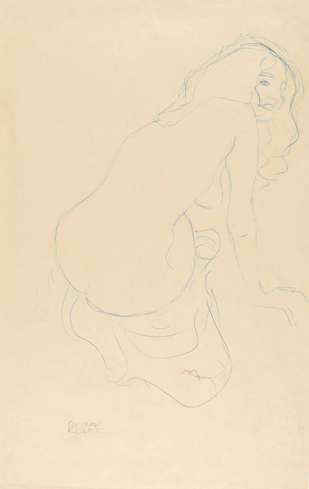 KAUERNDER AKT NACH RECHTS MIT LANGEN HAAREN (CROUCHING NUDE WITH LONG HAIR SEEN FROM THE RIGHT) by Gustav Klimt