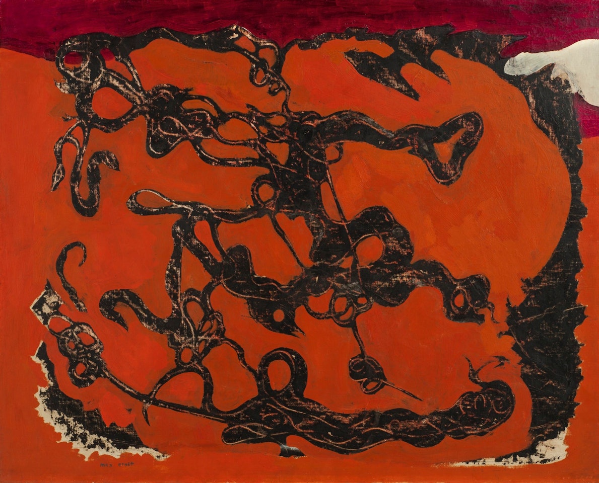 COLOMBES NOIRES SUR FOND ROUGE by Max Ernst