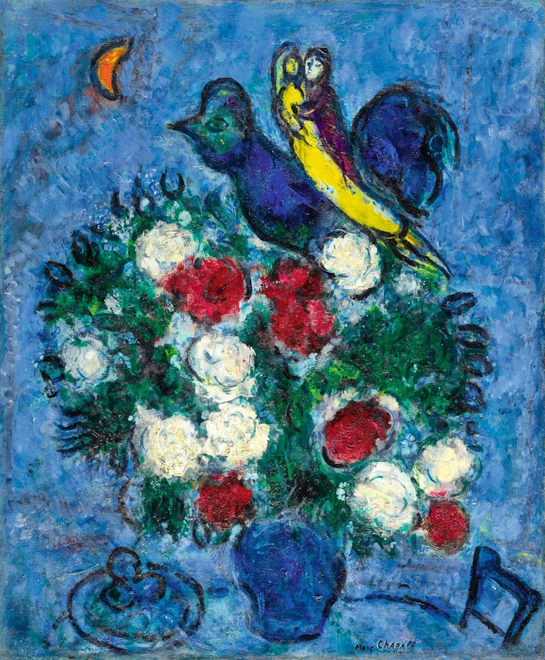 VASE DE FLEURS, COUPLE ET COQ by Marc Chagall