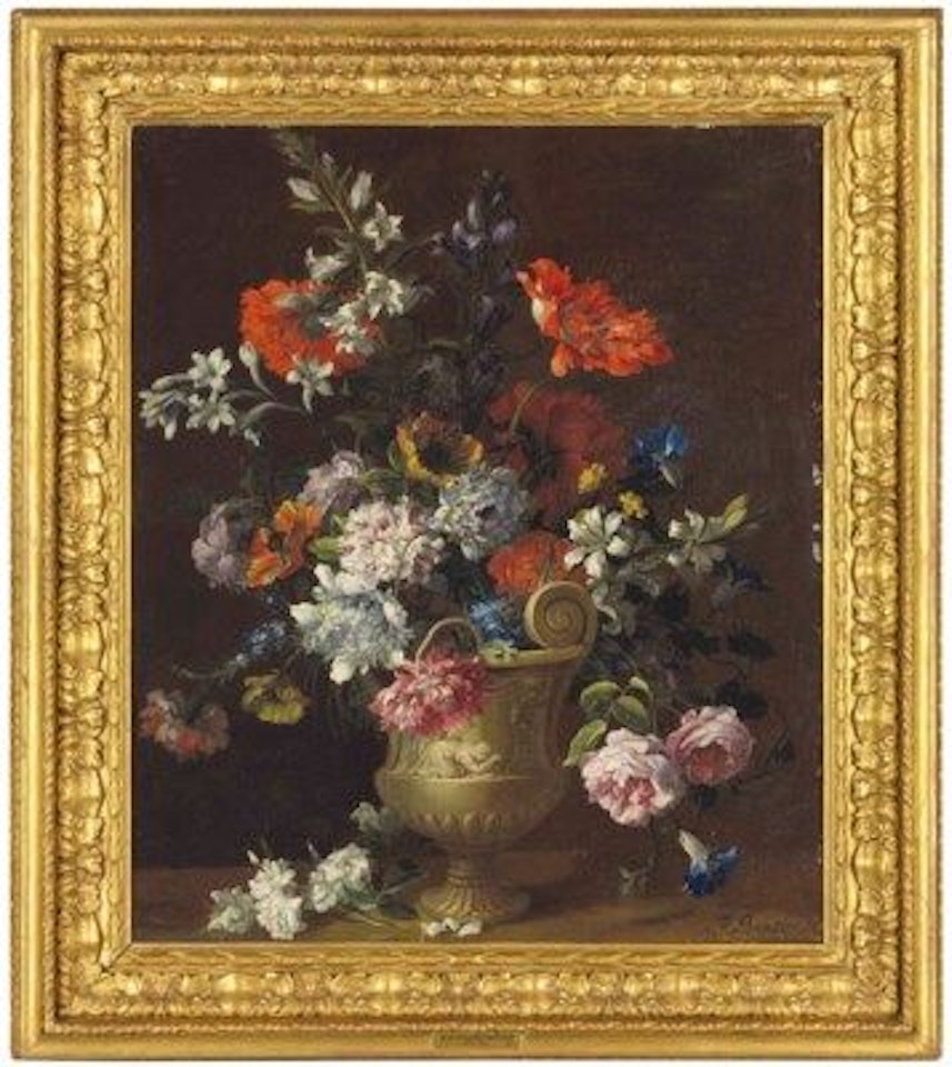 Carnations, peonies and other flowers in a sculpted urn by Jean Baptiste Monnoyer