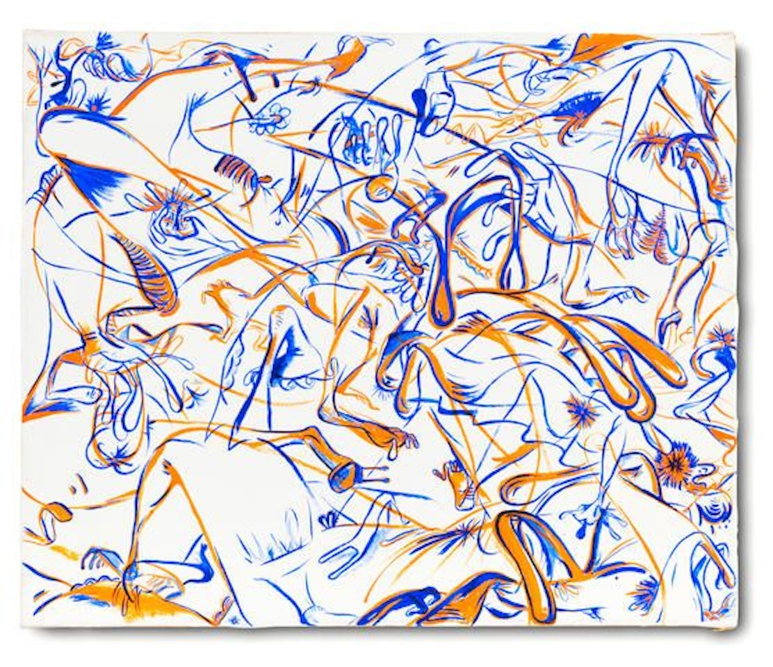 One White Sock, Blue and Orange on White by Sue Williams