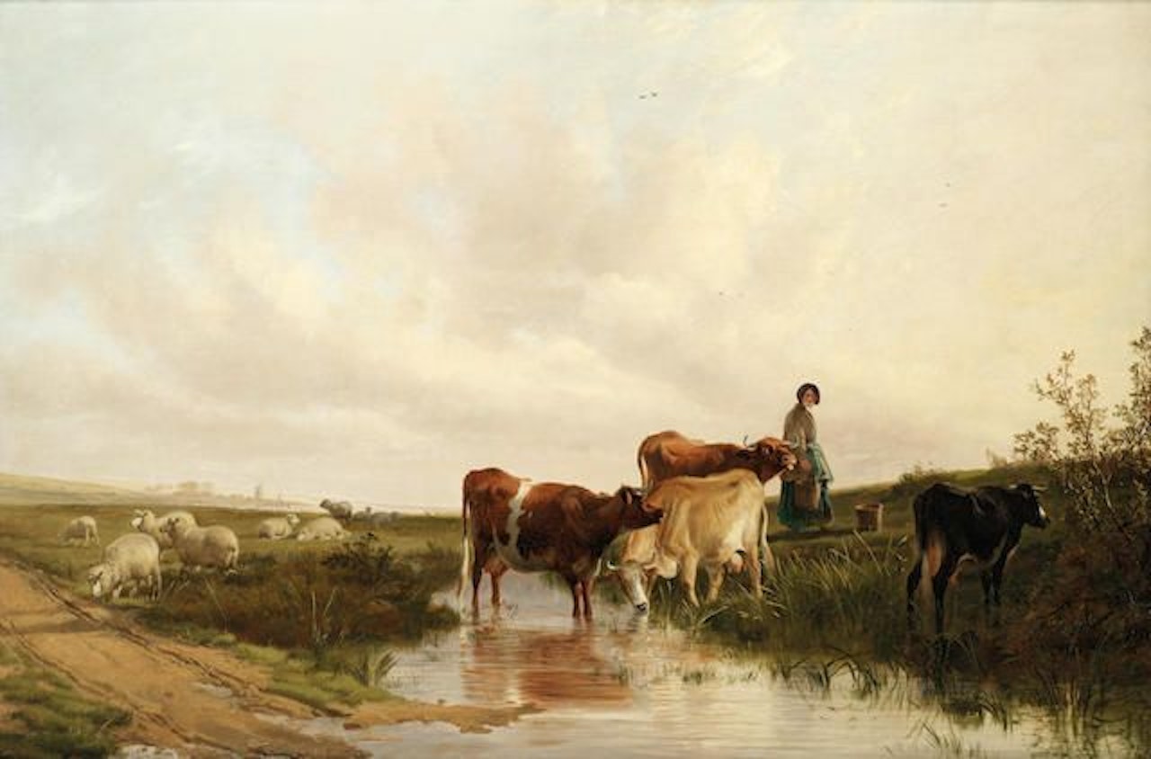 Landscape with sheep and cattle at a stream by Thomas Sidney Cooper