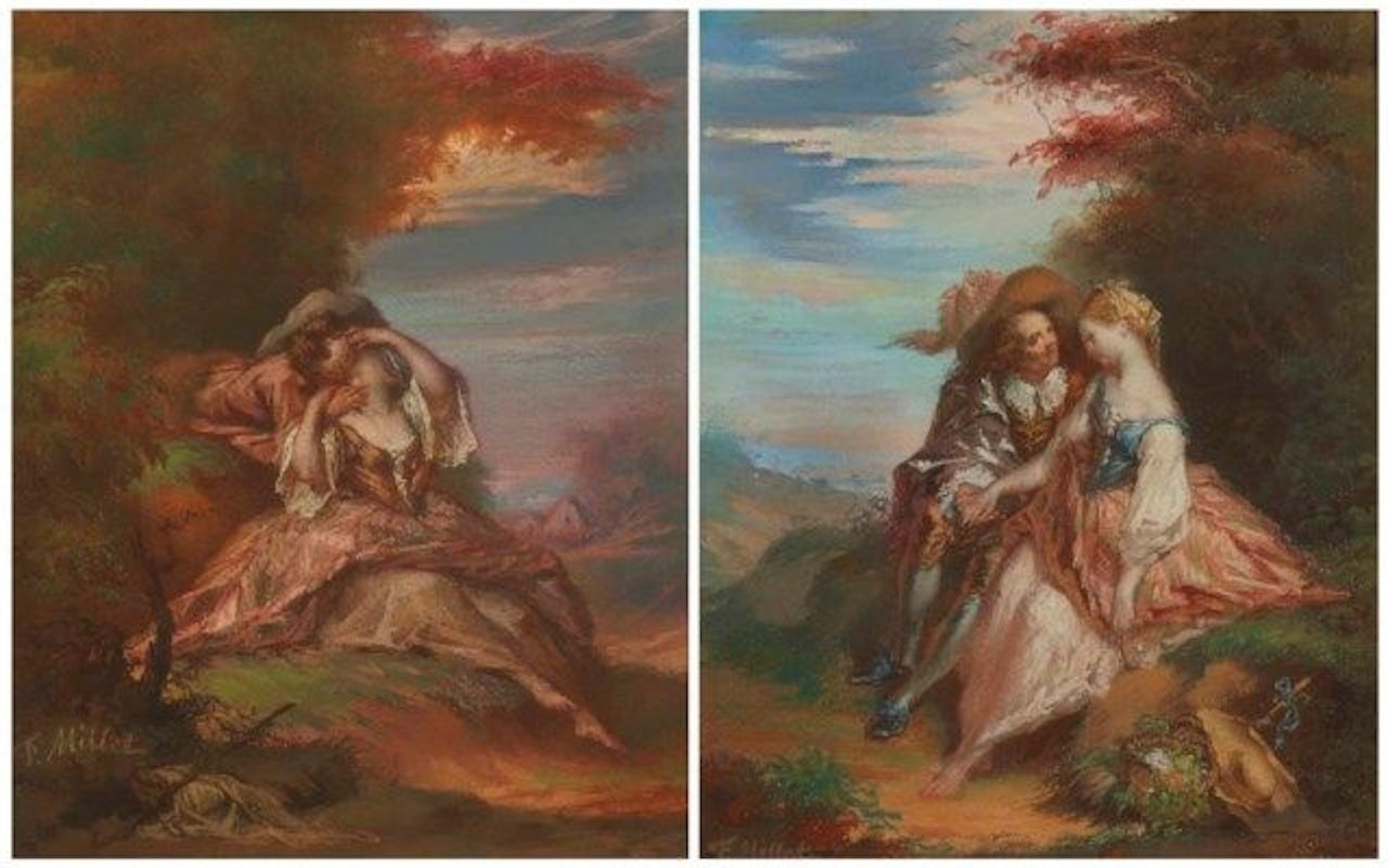 Le Baiser; et Scene pastorale avec un couple dans un paysage by Jean-François Millet