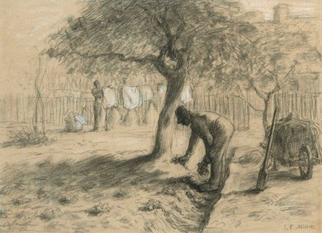 Homme dusherbant au pied d'un arbre, une femme etend du linge a l'arrivre-plan ('Le jardinage') by Jean-François Millet