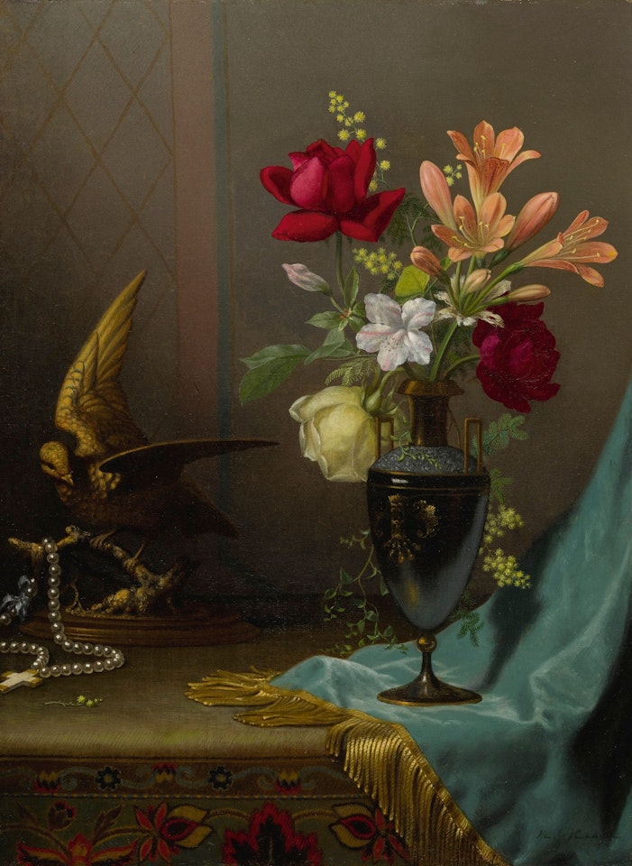 VASE OF MIXED FLOWERS WITH A DOVE by Martin Johnson Heade