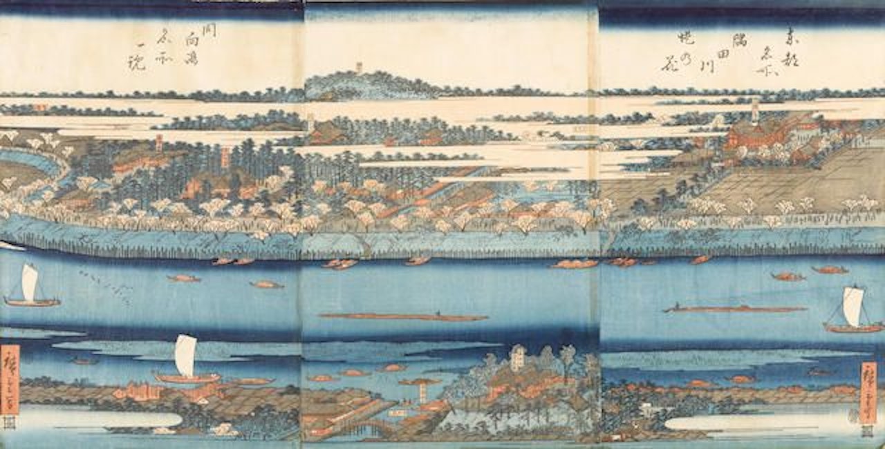 Toto meisho Sumidagawa tsutsumi no hana, do Mukojima meisho ichiran (Cherry Blossoms on Sumida Riverbank and Famous Places of Mukojima at a Glance) by Utagawa Hiroshige