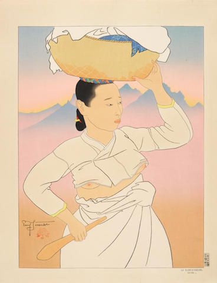 La Blanchisseuse, Corée (The Laundress, Korea); La Statuette Thang, Mandchoukuo (Tang Statuette, Manchuria); Les Perles, Mandchoukuo (The Pearls, Manchuria) by Paul Jacoulet