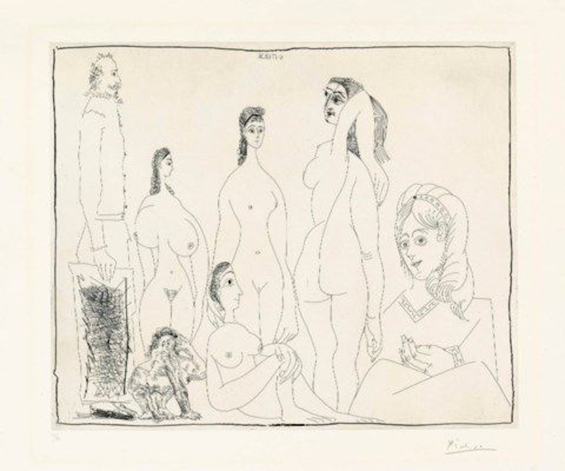 Peintre longiligne avec des Femmes, dont une petite Pisseuse by Pablo Picasso