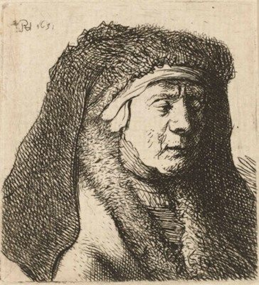 Bust of an old Woman in a furred Cloak and heavy Headdress by Attributed to Rembrandt Harmensz van Rijn