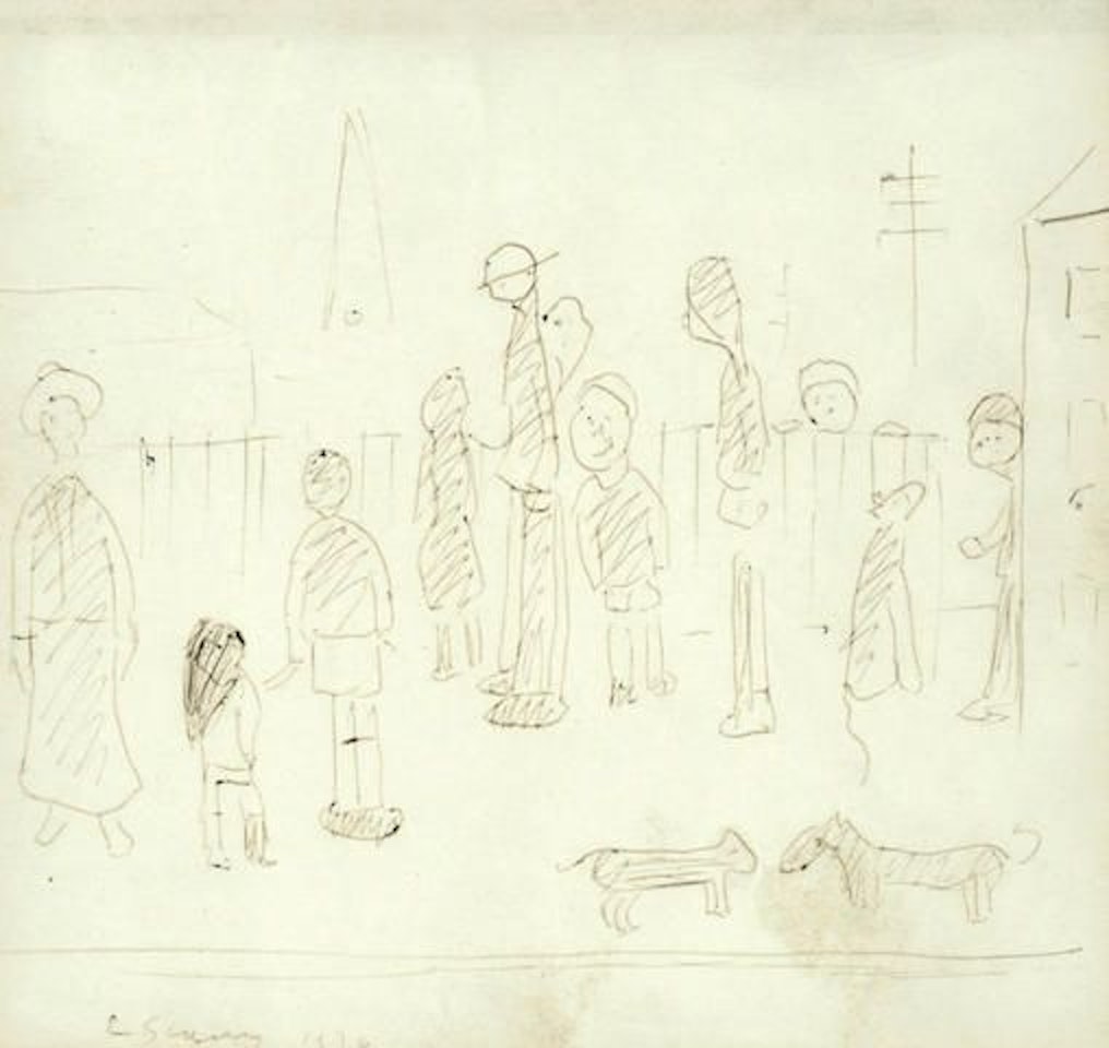 Standing Figures and Three Dogs by Laurence Stephen Lowry