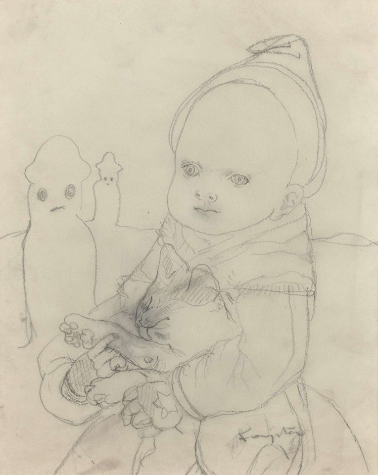 Little child and his cat near the snowmen by Leonard Tsuguharu Foujita
