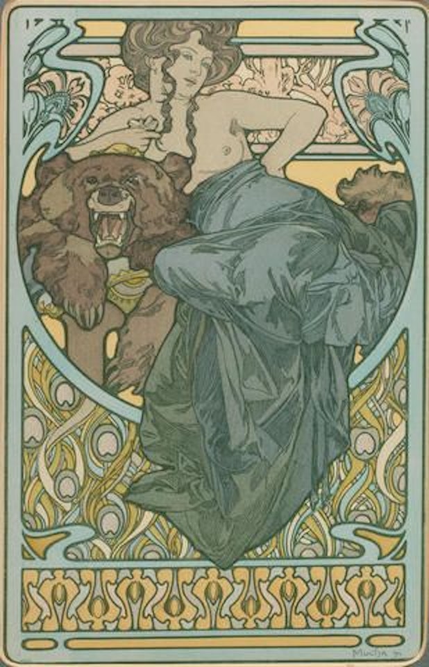 WOMAN AND BEAR, Documents Décoratifs pl. 47. 1902 by Alphonse Mucha