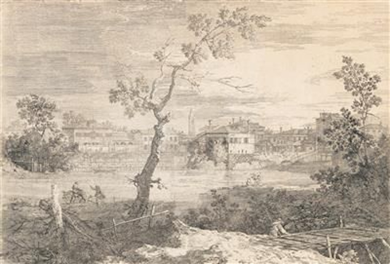 The view of a town at a river bank by Canaletto