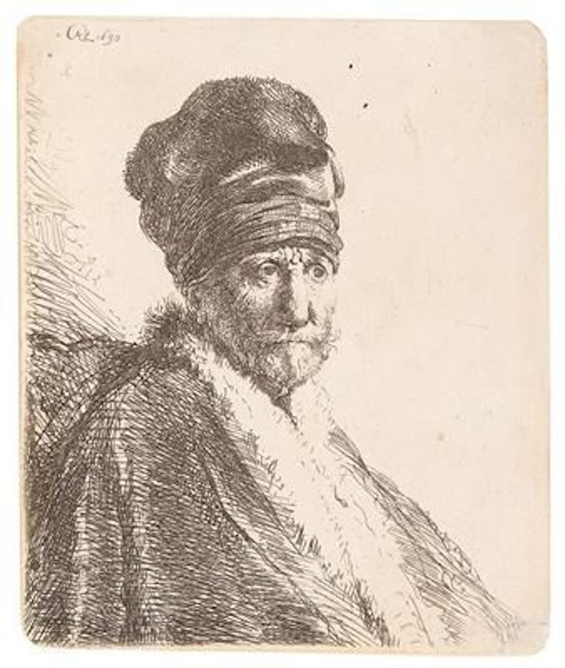 The Bust of a Man in a High Cap (the artist’s father?) by Attributed to Rembrandt Harmensz van Rijn