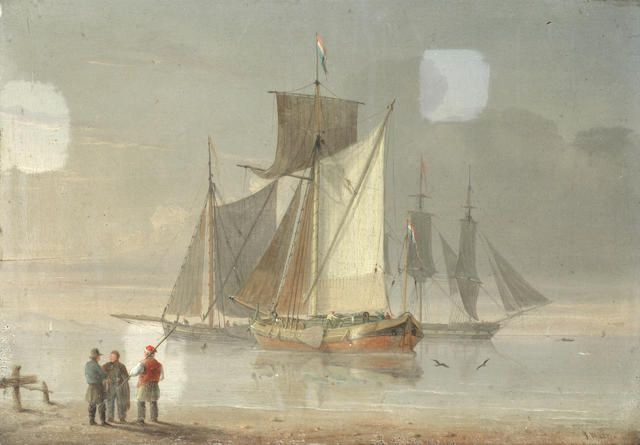 Dutch boats in calm waters off the shore by Joseph Walter Of Bristol