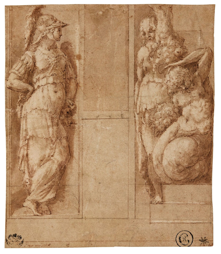 DESIGN FOR A DECORATIVE SCHEME: A STANDING FEMALE FIGURE, POSSIBLY MINERVA; TWO BEARDED MEN, ONE POSSIBLY MARSYAS by Girolamo Mazzola Bedoli
