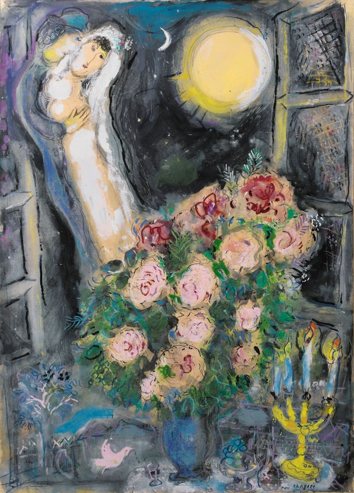 LE BOUQUET AUX AMOUREUX DANS LA FENÊTRE by Marc Chagall