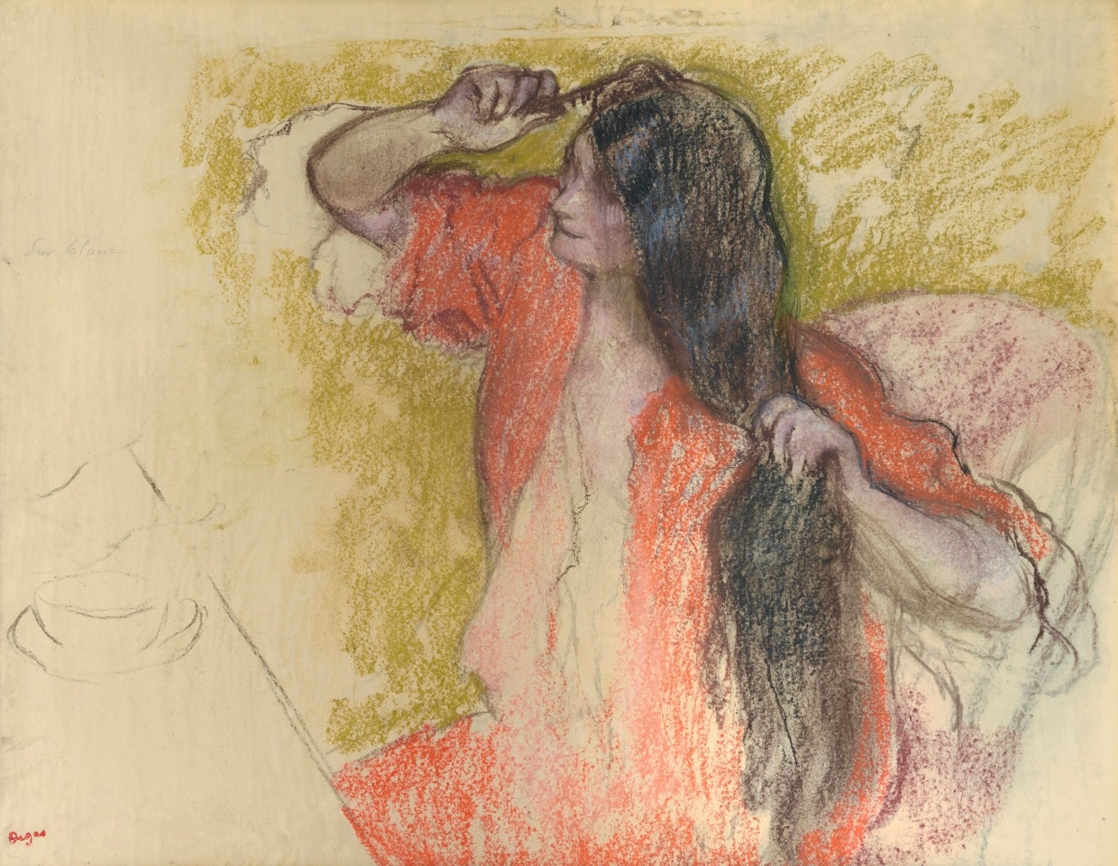 FEMME EN PEIGNOIR ROUGE SE COIFFANT by Edgar Degas