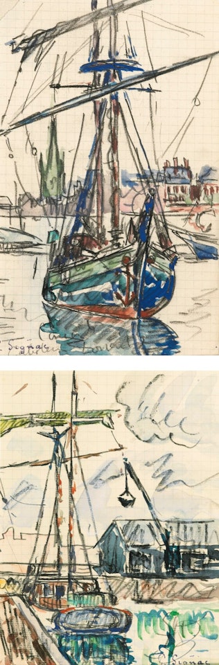 DEUX DESSINS : (I) LORIENT, CABOTEUR À L'ANCRE (PAGE DE CARNET); (II) LA GRUE, CABOTEUR À QUAI DANS UN PORT BRETON (PAGE DE CARNET) by Paul Signac
