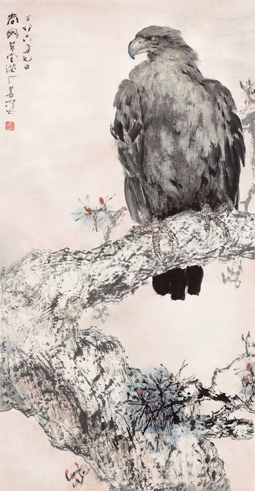 EAGLE PERCHING ON PINE TREE by Yang Shanshen