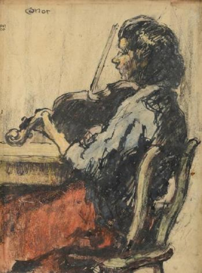 Seated violin player , by William Conor