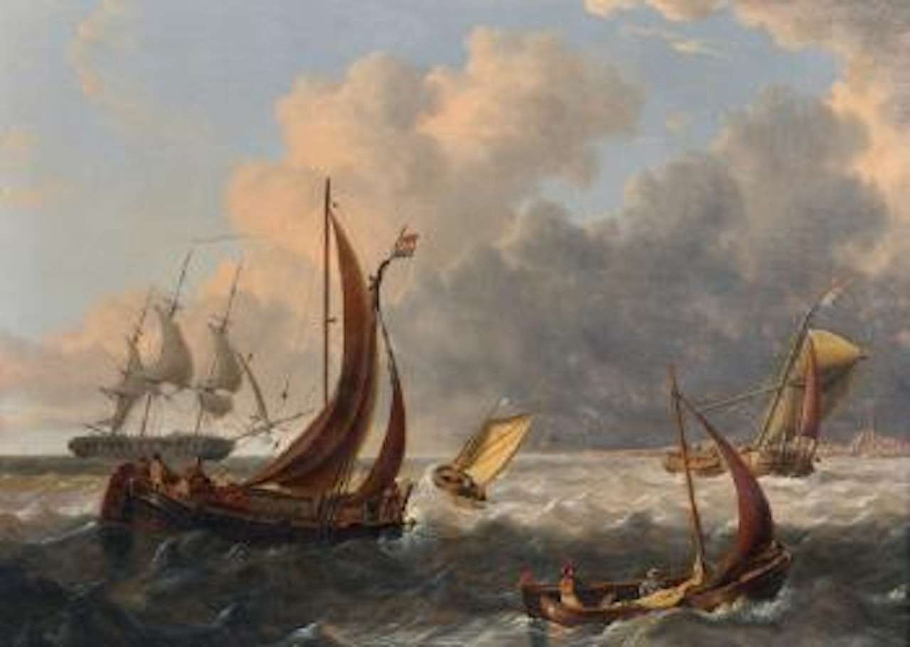 A shipping scene with figures in boats, a frigate beyond ,
1824 by Charles Martin Powell