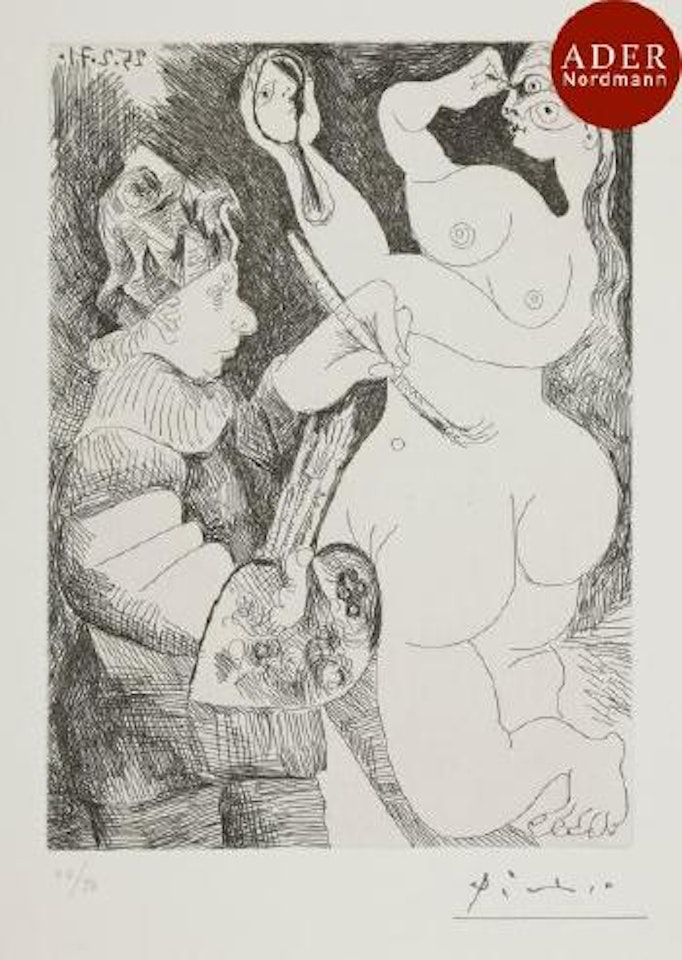 Peintre bouffon peignant sur son modèle, qui se peint les yeux ,
1971
,
Printed
1978 by Pablo Picasso