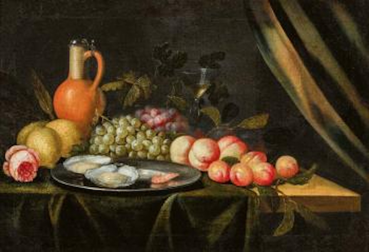 Stillleben mit Früchten, Krug, Rose und Austern , by Pseudo Simons