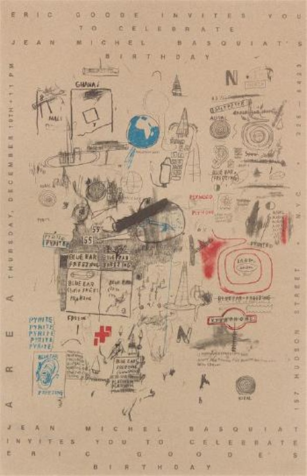 Untitled (invitation to Eric Goode's birthday at Area) ,
Circa
1985 by Jean-Michel Basquiat