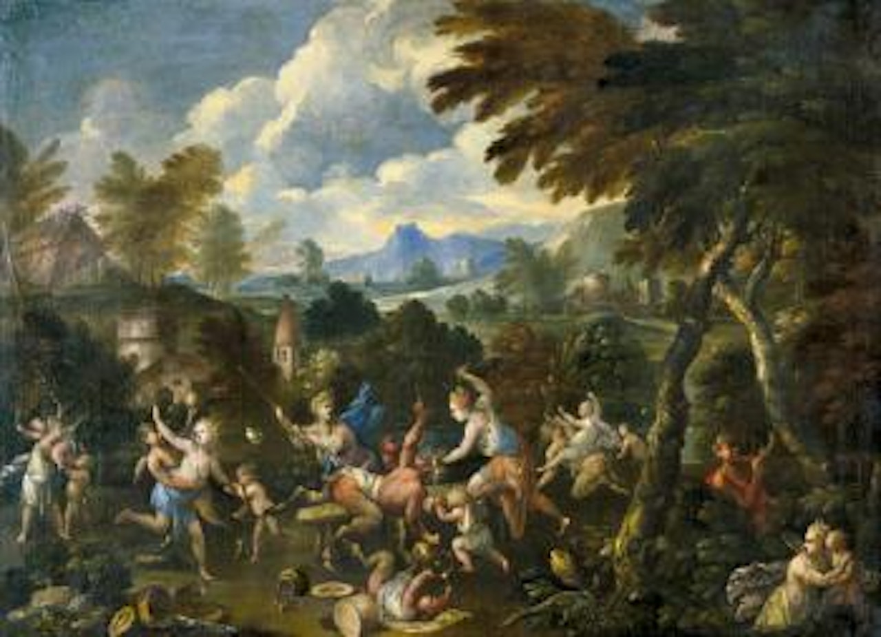 Bacchantisches Treiben in einer waldigen Landschaft , by Italian School