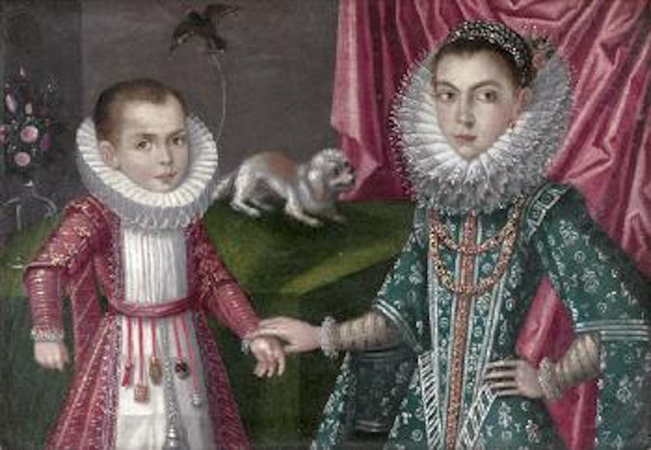 Bildnis wohl des Infanten Philipp II. seiner mit seiner Schwester der Infantin Anna von Österreich mit ihrem Hund ,
Circa
1610 by Spanish School
