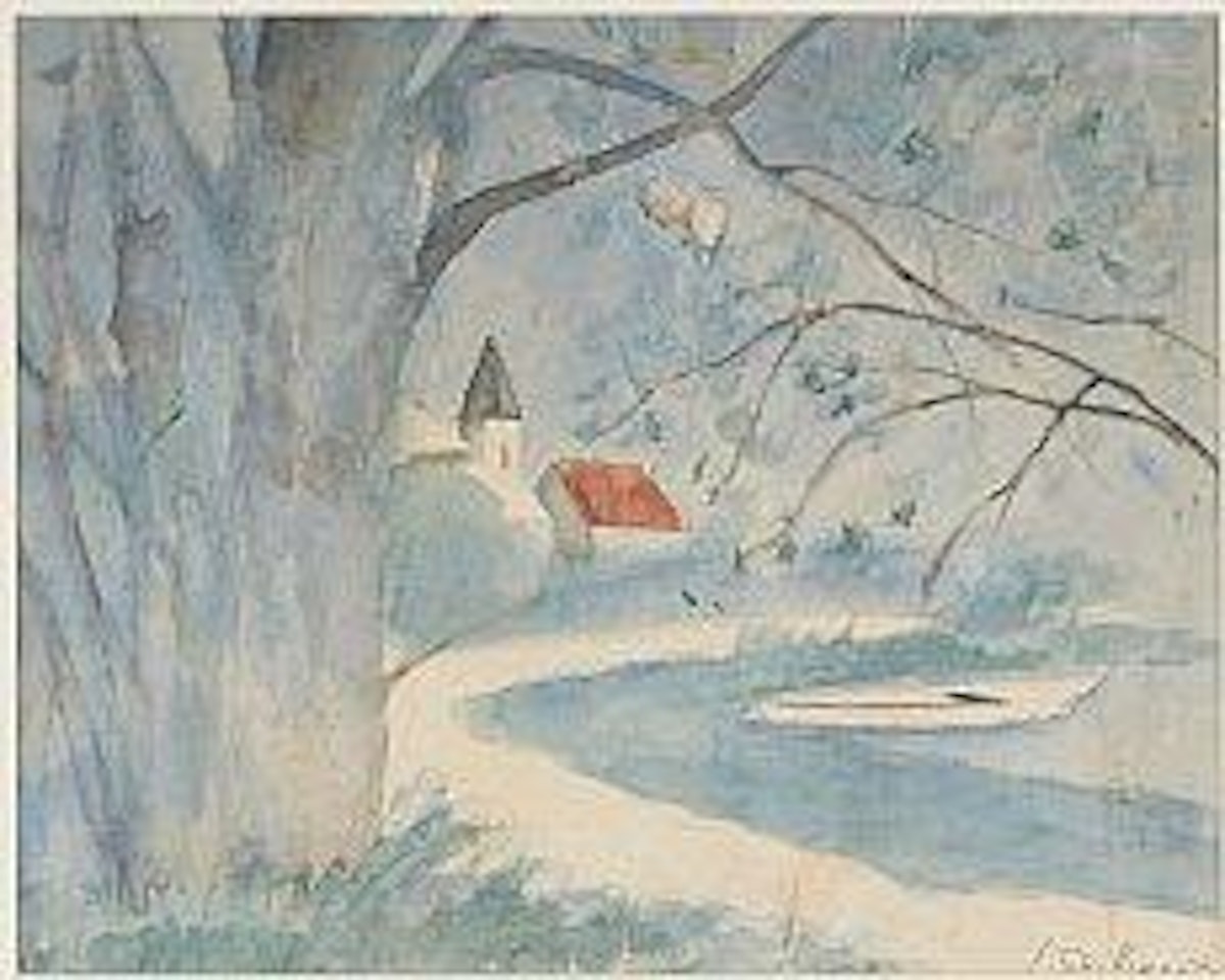 Le village au bout du chemin sous les arbres avec étang et barque ,
1930 by Léon Spilliaert