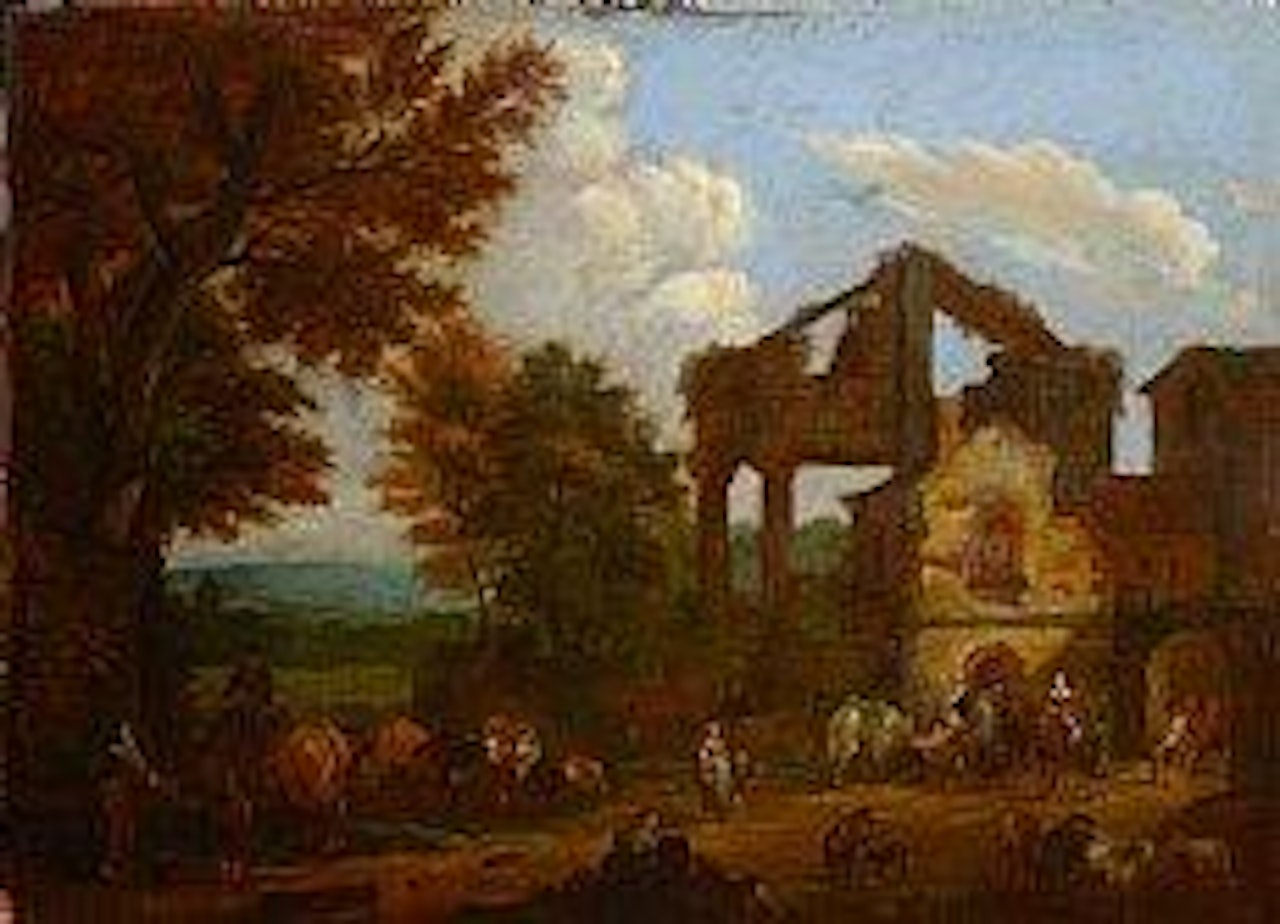La halte des paysans et de leurs troupeaux dans des ruines , by Jan Both