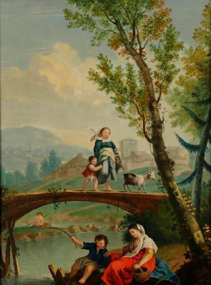 A woman, child and goat crossing a bridge, with figures fishing below , by Francesco Zuccarelli