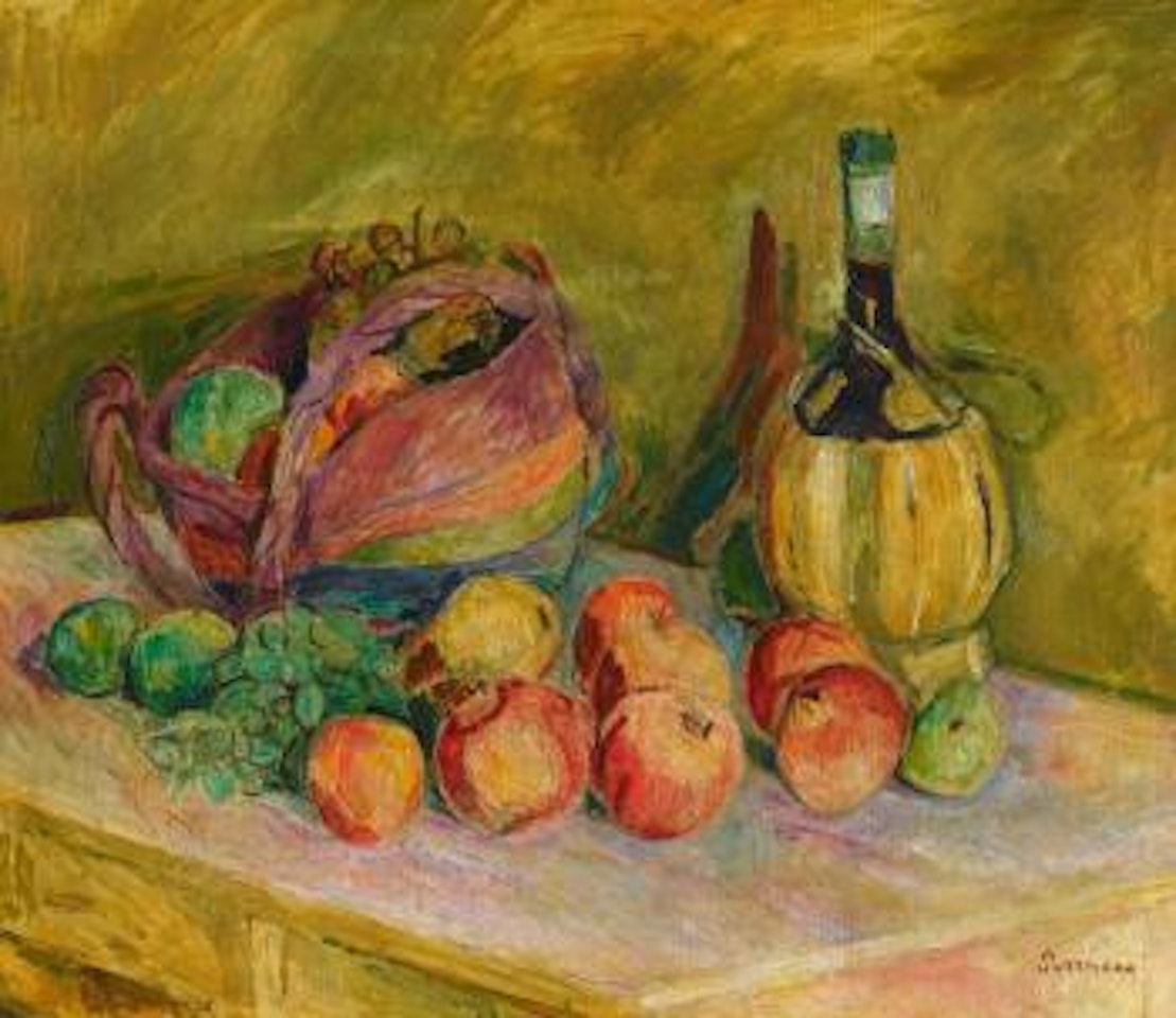 Fruit still life with bottle of chianti ,
1925 by Hans Purrmann