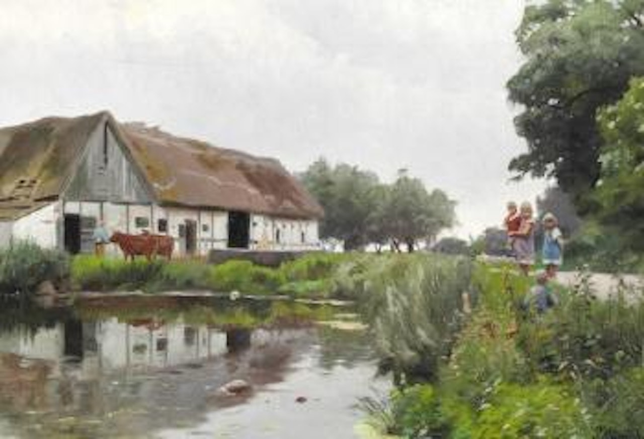 Children playing near a thatched farmhouse in Alstrup on Samsø ,
1931 by Peder Mork Monsted