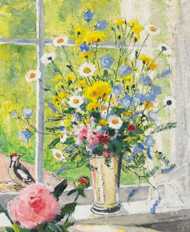 Stilleben med blommor och hackspett ,
1958 by Olle Hjortzberg