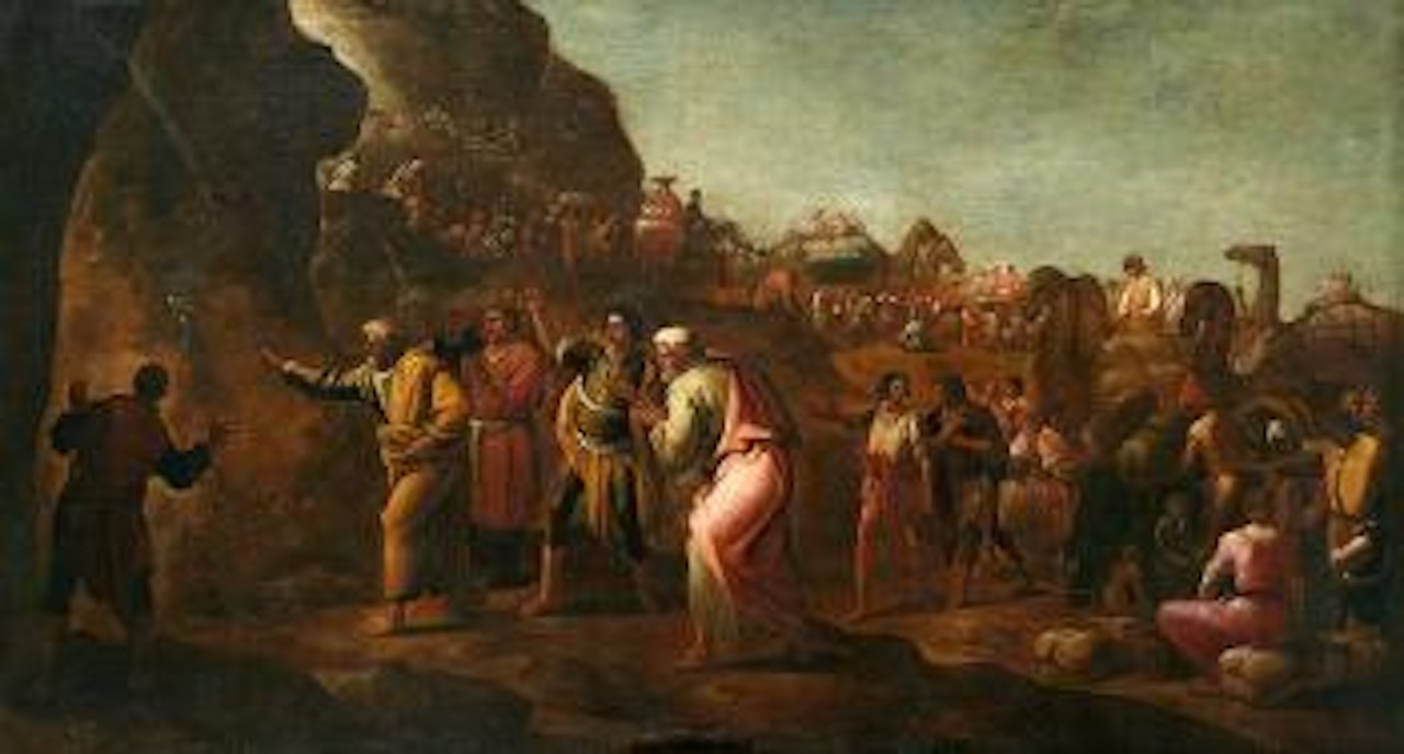 Moisés haciendo brotar el agua de la roca en el desierto , by Italian School