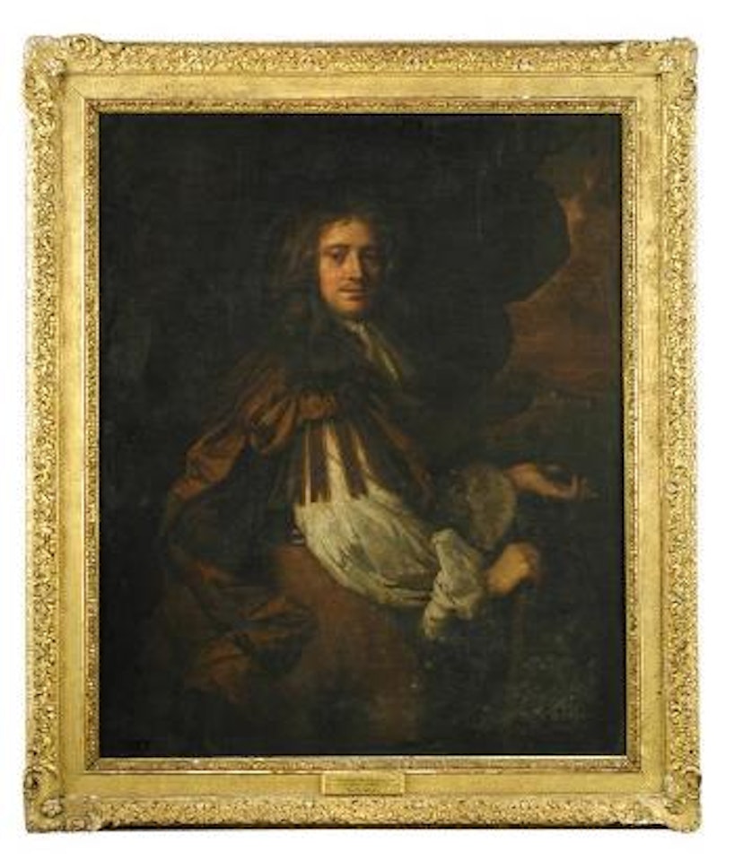 Portrait of William, 3rd Baron Alington (c.1634-1684/85) and his third wife Lady Diana Russell, both standing three-quarter length, he holding a baton and gesturing to a distant castle and she beneath a curtain and beside a male bust upon a plinth , by Sir Peter Lely