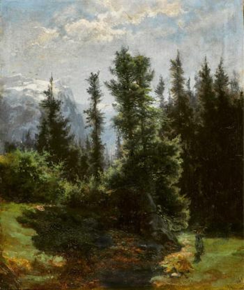 Forêt de sapins et petit personnage qui porte du bois ,
1863 by Alexandre Calame