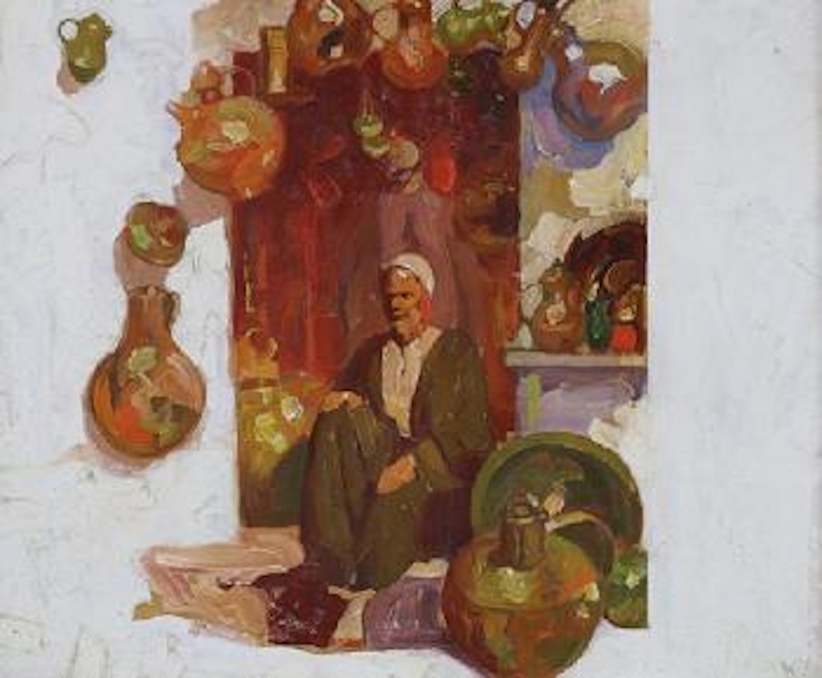 Market scene with orientalist Figure , by Maurice Logan