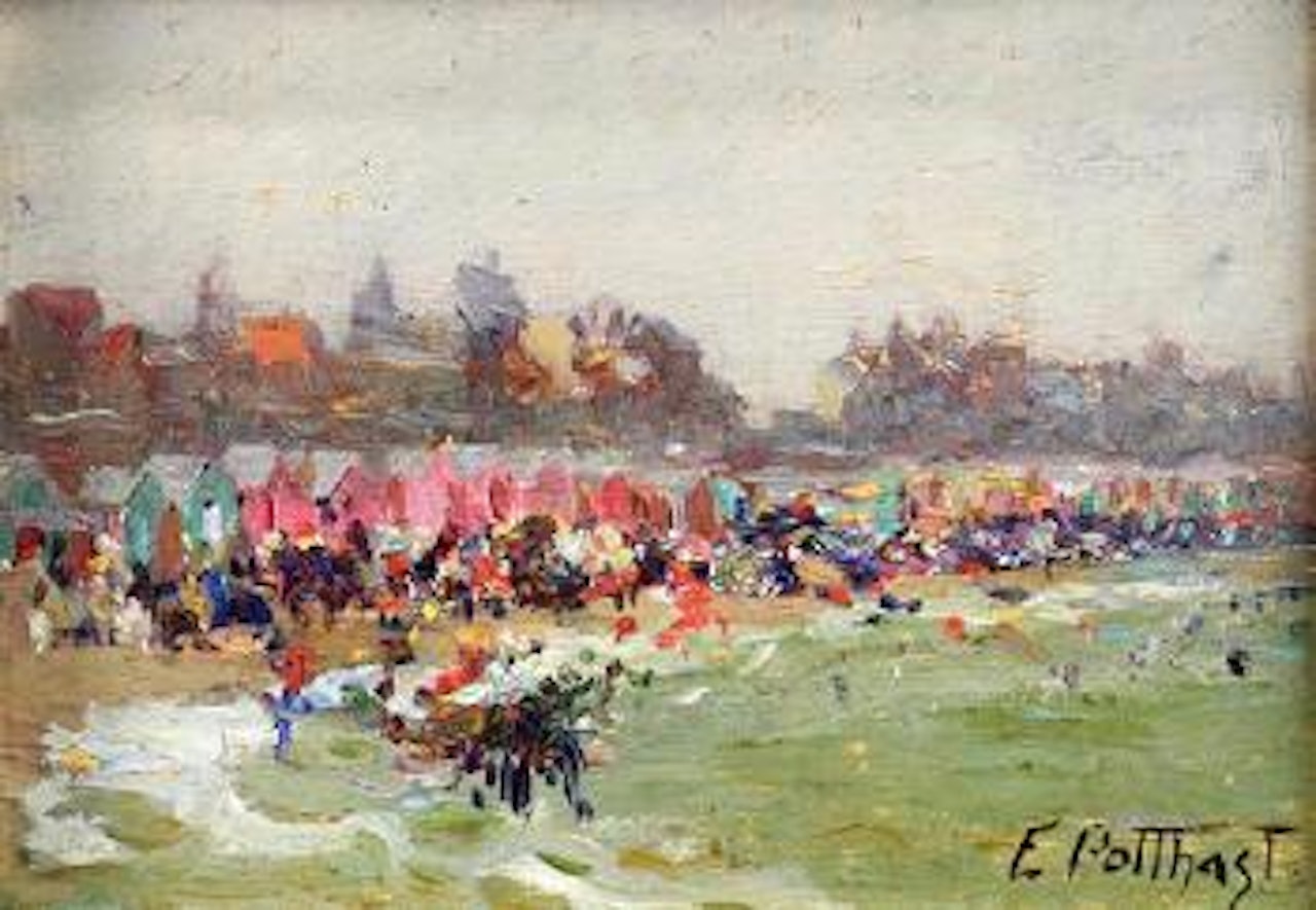 New England coastal beach scene with figures , by Edward Henry Potthast