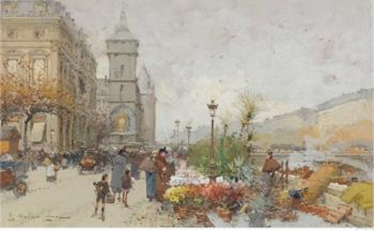 Le marché aux fleurs quai de l'Horloge , by Eugene Galien-Laloue