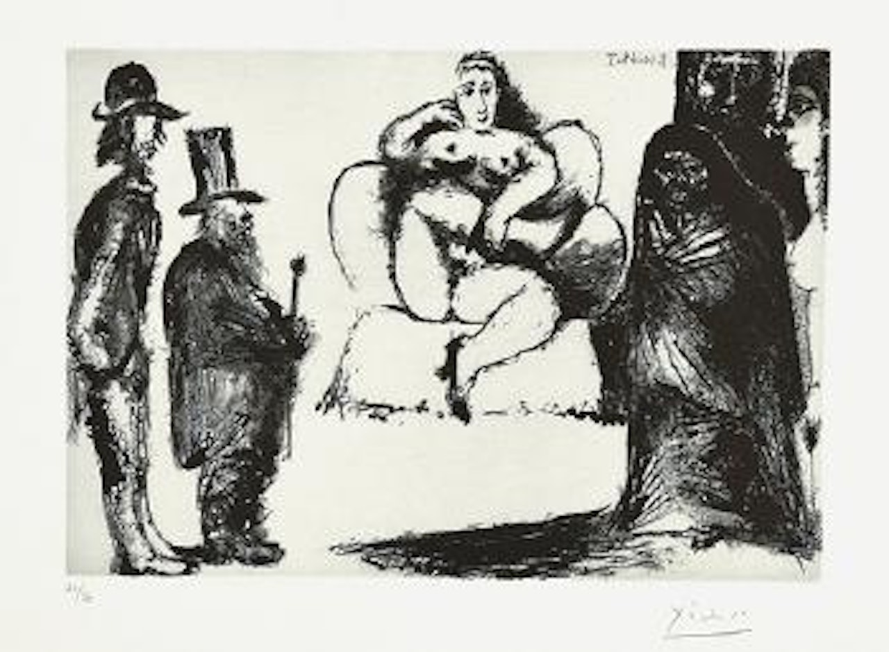 Célestine, Maja ou Olympia nue, avec Manet et Marcellin Desboutin; couple de spectateurs au deuxième plan ,
1968 by Pablo Picasso